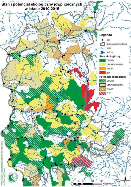 Rysunek 7 Ocena stanu/potencjału jednolitych części wód powierzchniowych płynących w województwie lubuskim na podstawie badań przeprowadzonych w latach 2010-2015 Źródło: Stan środowiska w