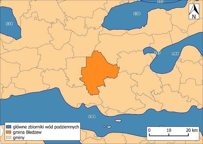 W granicach gminy Bledzew nie znajdują się główne zbiorniki wód podziemnych.