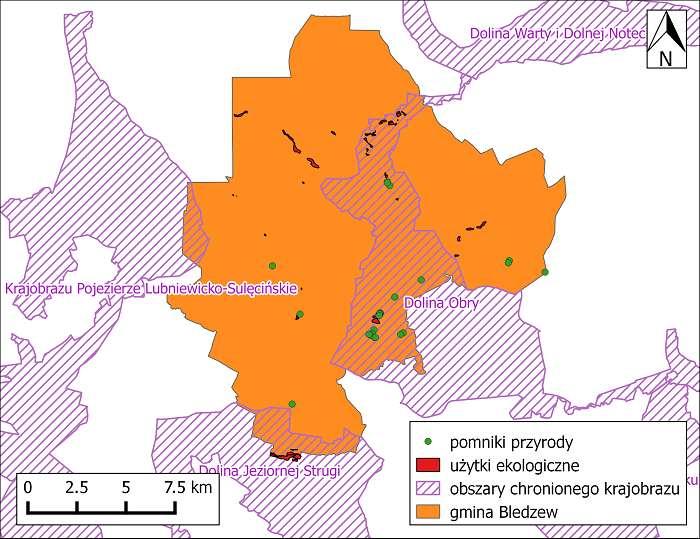 Rysunek 10. Obszary chronione na terenie gminy Bledzew Źródło: Opracowanie własne Tabela 13. Powierzchnia zieleni miejskiej na terenie gminy Bledzew w 2015 r.