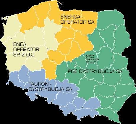 Rysunek 16. Zasięg działania głównych operatorów sieci dystrybucyjnej w Polsce Źródło: www.enerad.pl 3.2.