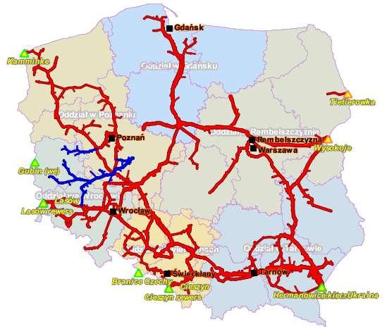 Rysunek 23. Mapa systemu przesyłowego gazu w Polsce Źródło: GAZ