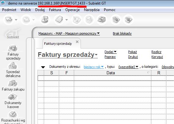 Reklamacje dla SubiektaGT strona 3 Bardzo proste: w górnym pasku SubiektaGT W powyższym przykładzie nazwa instancji to 192.168.1.160\INSERTGT Taką nazwę wpisujemy w pole adres serwera.