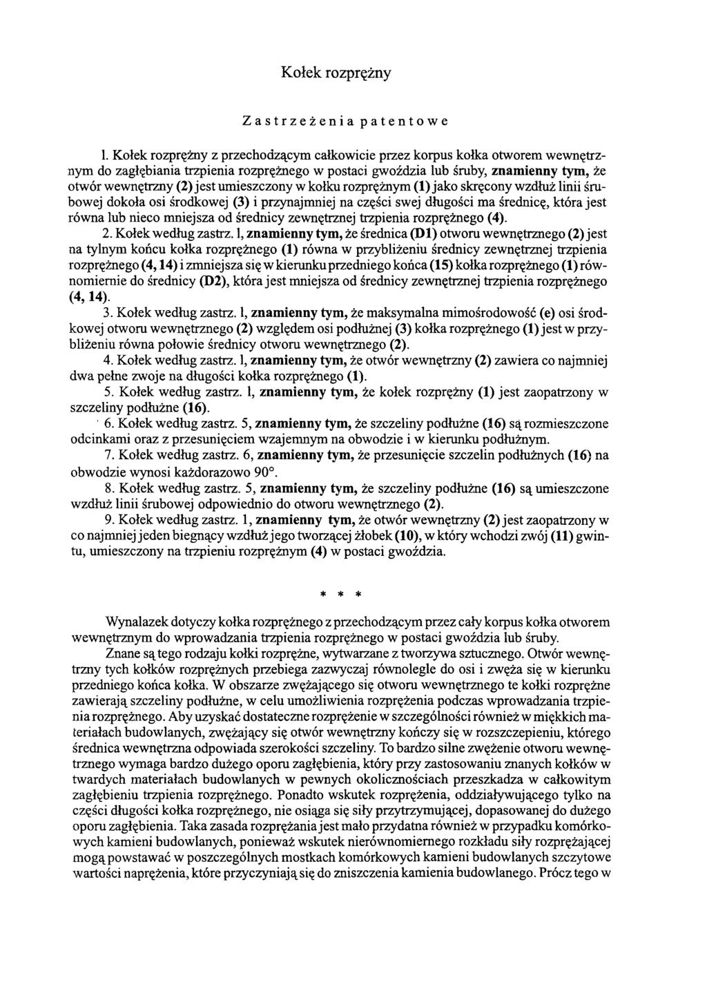 Kołek rozprężny Zastrzeżenia patentowe 1.