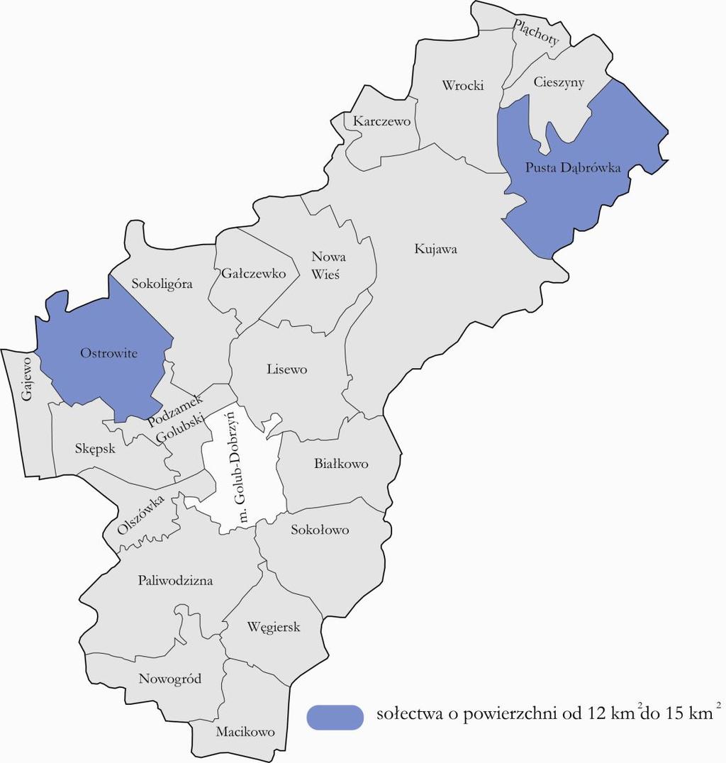 Mapa 6. Sołectwa o powierzchni od 12 km 2 do 15 km 2 Źródło: Opracowanie własne WSKAŹNIK: STOSUNEK LUDNOŚCI W WIEKU POPRODUKCYJNYM WZGLĘDEM LUDNOŚCI W WIEKU PRODUKCYJNYM Tabela 15.