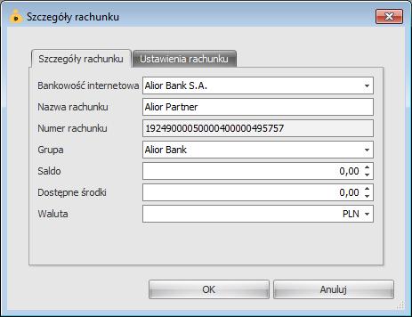 Dodaj rachunek bankowy Opcja Dodaj rachunek bankowy pozwala na dodanie nowego konta do programu. W oknie edycyjnym określamy m.in.