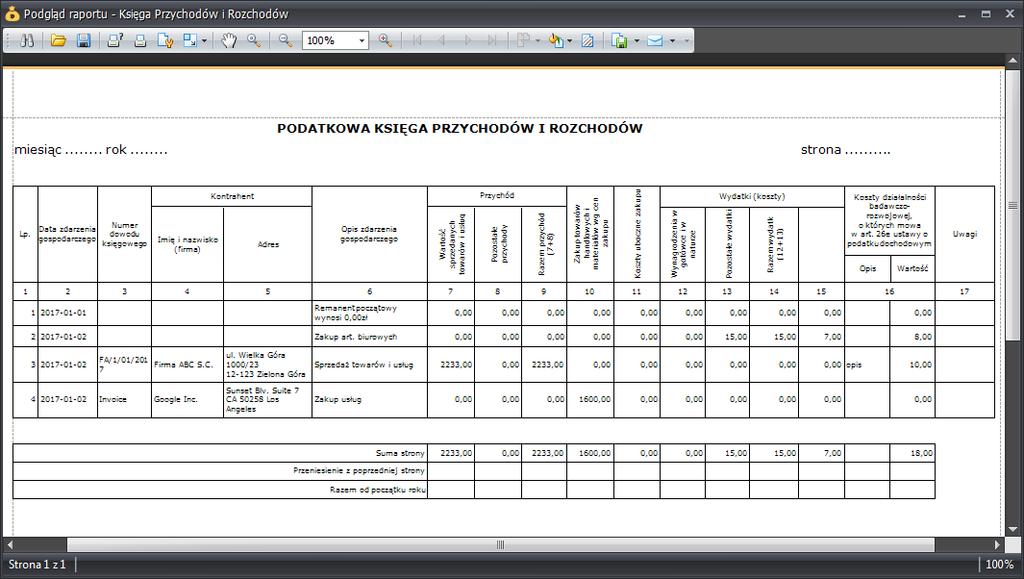 Opcja wydruku pozwala na przeniesienie KPiR na papier w obowiązującym obecnie formacie, a opcja eksportu - zapis księgi w formacie jednolitego