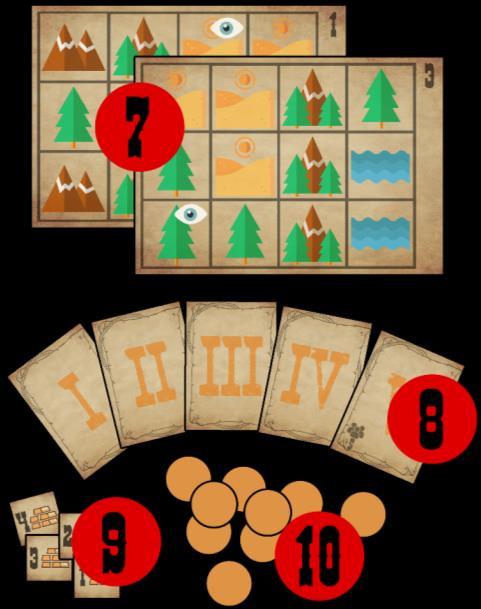 7. Każdy z graczy otrzymuje po dwie plansze działek i wybiera jedną z nich, pozostałe odkłada obok planszy tworząc pulę planszy działek.