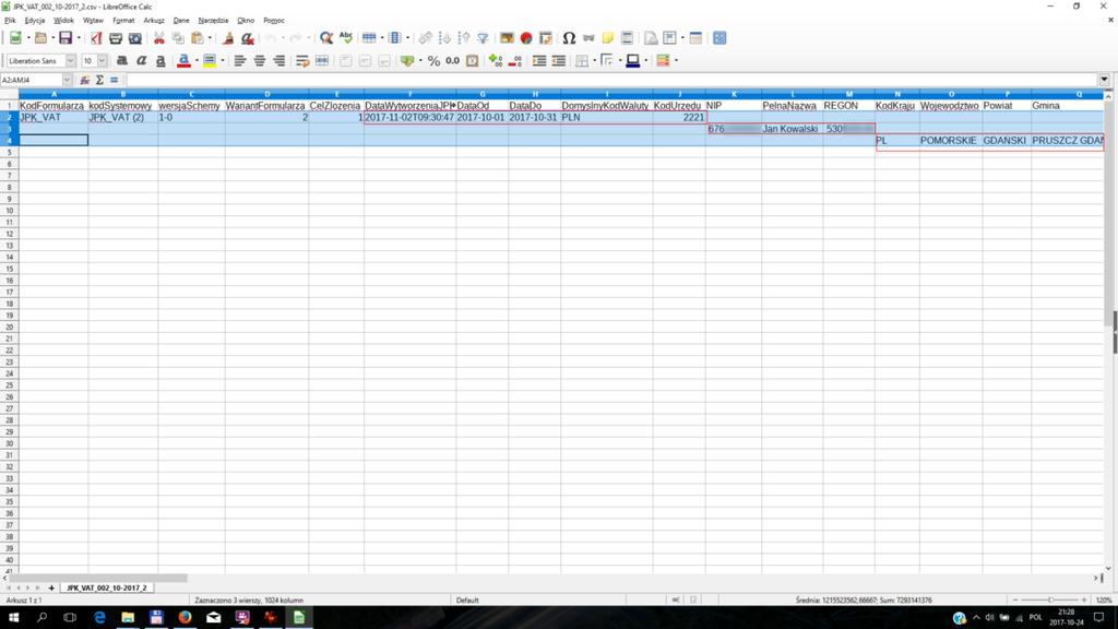 JPK_VAT przygotowanie danych Przygotowanie pliku CSV w arkuszu kalkulacyjnym Uzupełniamy dane własnej firmy