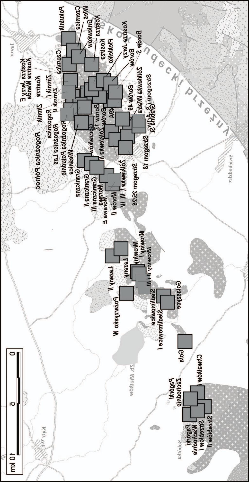 Rys. 3. Rozmieszczenie z³ó granitoidów w masywie StrzegomSobótka (wg Mapy Geologicznej Polski 1:200 000 i SMGP 1:50 000) Fig. 3. Location of deposits of granitoides in the StrzegomSobótka Massif (acc.