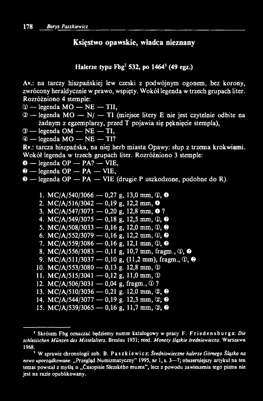 Rozróżniono 4 stemple: 0) legenda MO NE ΊΊΙ, <2> legenda MO N/ TI (miejsce litery E nie jest czytelnie odbite na żadnym z egzemplarzy, przed T pojawia się pęknięcie stempla), legenda OM NE TI, Φ