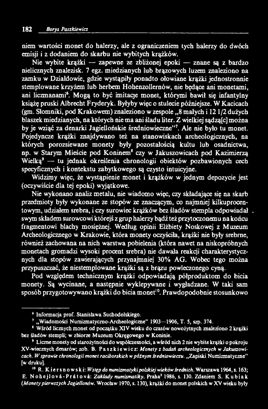 miedzianych lub brązowych luzem znaleziono na zamku w Działdowie, gdzie wystąpiły ponadto ołowiane krążki jednostronnie stemplowane krzyżem lub herbem Hohenzollernów, nie będące ani monetami, ani