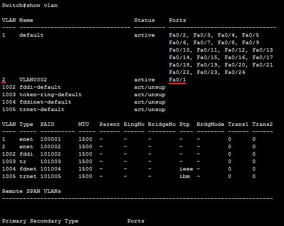 interfejs do sieci VLAN. Oto przykład przypisania VLAN 2 do interfejsu: Na powyższym obrazku widać, że VLAN 2 został utworzony i że port Fa0 / 1 na przełączniku został przeniesiony do tej sieci VLAN.