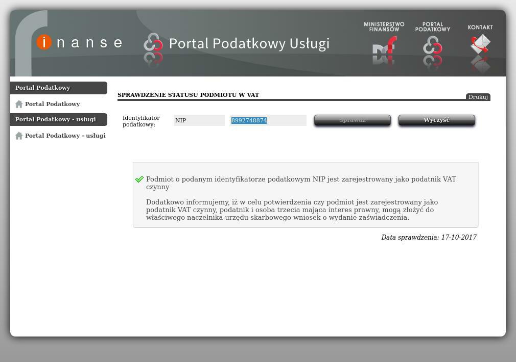 Status płatnika VAT Zrzut z ekranu potwierdzający dokonanie sprawdzenia czy firma