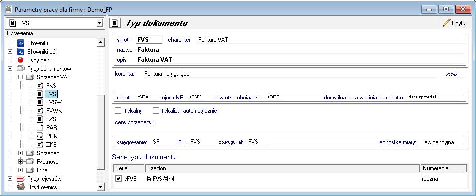 5.4.15 Typy dokumentów Okno to pozwala na wprowadzanie nowych typów dokumentów oraz modyfikowanie i uaktywnianie typów wprowadzonych wcześniej. Program domyślnie proponuje typowy układ dokumentów.