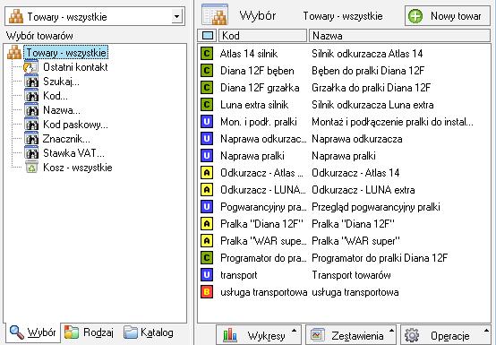 Rys. 24 Okno kartoteki towarów lista wyborów. Dla towarów zdefiniowano następujące możliwości wyszukiwania: Towary wszystkie - Wybór ten udostępnia dane wszystkich towarów z bazy danych systemu.