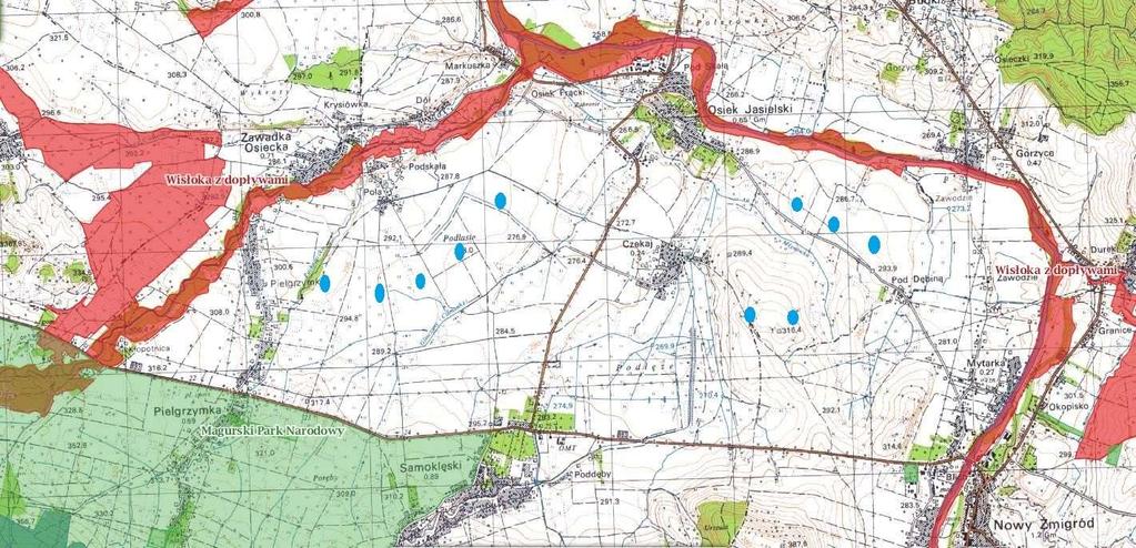 Mapa 14. Prawdopodobne szlaki przemieszczania się nietoperzy na obszarze planowanej farmy wiatrowej. (geoserwis.gdos.gov.