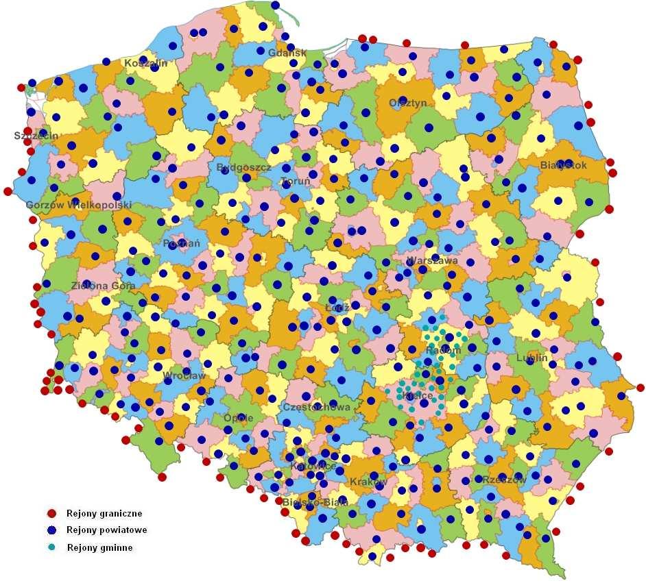 Rysunek 4.1 Podział modelu na rejony komunikacyjne w analizowanym korytarzu.