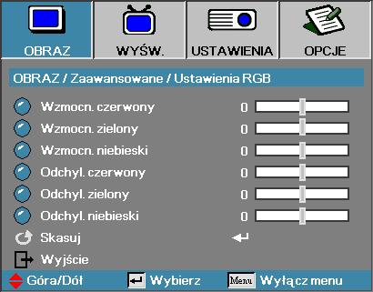 Elementy sterowania użytkownika Obraz Zaawansowane Ustawienia RGB Ustawienie to służy do wyregulowania balansu koloru czerwonego, zielonego i niebieskiego na tle szarości/białym. Wzmocn.