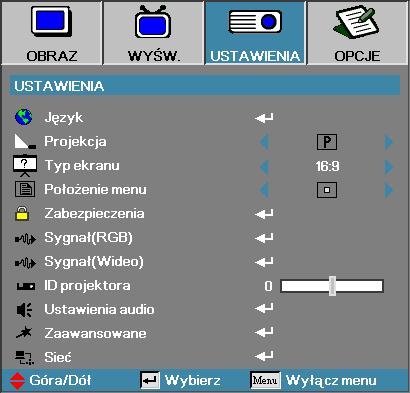Elementy sterowania użytkownika Ustawienia Zabezpieczenia Przejdź do menu Zabezpieczenia. Otwórz właściwości zabezpieczenia projektora. Więcej informacji znajdziesz na str. 48.
