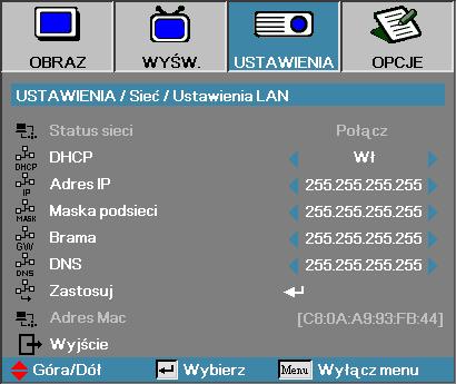 Elementy sterowania użytkownika Ustawienia Sieć Ustawienia LAN Uwaga: v Podmenu Sieć dostępne jest jedynie, kiedy podłączony jest kabel sieciowy.