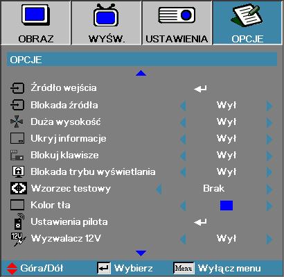 Elementy sterowania użytkownika Opcje Blokuj klawisze Blokuje przyciski na panelu projektora. 4 Wł. pojawia się ostrzegawcza informacja z prośbą o potwierdzenie blokady przycisków.