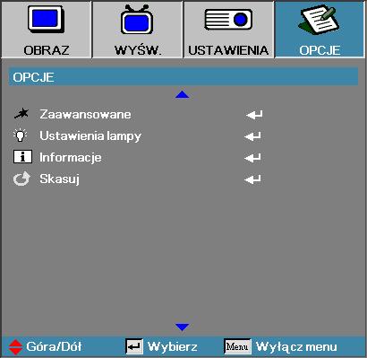 Elementy sterowania użytkownika Opcje Uwaga: v Gdy tryb zasilania (Wstrzymanie) zostanie ustawiony na Eco, gniazda przejściowe VGA i Audio, RS232 i RJ45 zostaną wyłączone, gdy projektor znajdzie Sie
