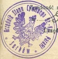 Odcisk 15 Rok 1880, 5 maja. Odcisk pieczęci urzędowej urzędnika stanu cywilnego rzymskokatolickiej parafii Surhów (ze zbiorów Andrzeja Karczmarczuka). Odcisk 16 Rok 1927, 27 lutego.