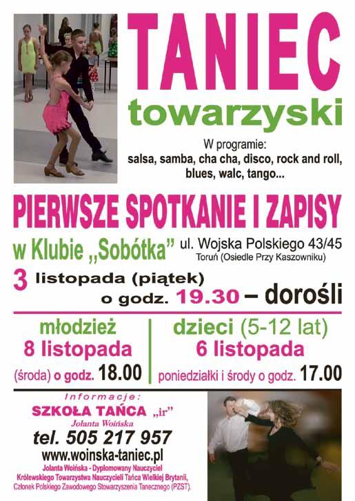 00-19.30 Wstęp 8 zł/os. Nie zapadaj w sen zimowy, potańcz z nami - dla odnowy Klub Sobótka, ul. Wojska Polskiego 43/45, Toruń tel. (56) 623 08 72, 697 707 086 sobotka@msm.torun.