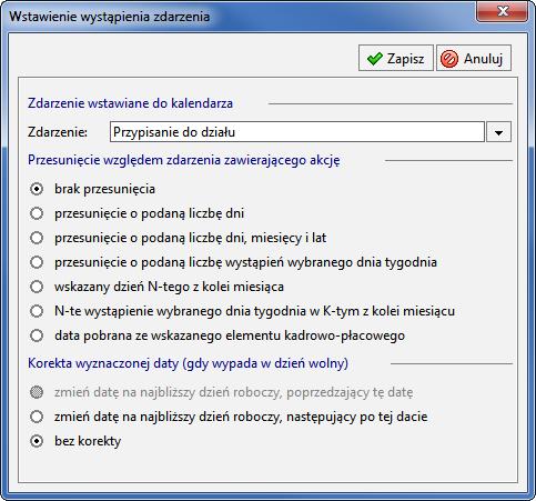Podręcznik użytkownika Sage Symfonia Kadry i Płace 122 W oknie Definicja akcji wpisujemy nazwę akcji: Przypisanie do działu i wybieramy rodzaj akcji Wstawienie zdarzenia do kalendarza.
