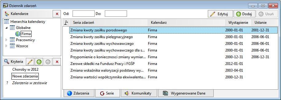 Podręcznik użytkownika Sage Symfonia Kadry i Płace 166 Zarządzanie seriami zdarzeń możliwe jest w Dzienniku zdarzeń na zakładce Serie w prawej części okna.