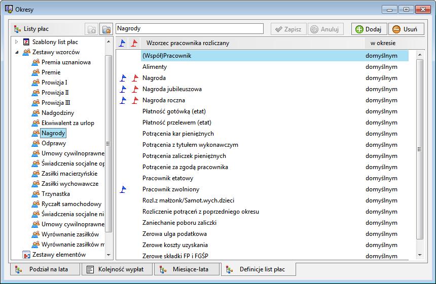 Podręcznik użytkownika Sage Symfonia Kadry i Płace 190 Zestawy wzorców Zestawy wzorców pracowników widoczne są w oknie Okresy, zakładka Definicje list płac, gdzie należy wybrać katalog Zestawy