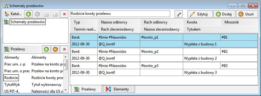 Mnożnik ważony. Do utworzonego schematu dodajemy w prawej części okna trzy definicje przelewów dla trzech różnych kont. Rys.