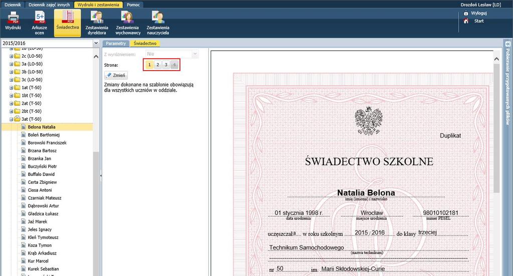 UONET+. Jak przygotować i wydrukować arkusze ocen i świadectwa uczniów? 14/16 W widoku tym dane nie muszą precyzyjnie trafiać w pola, bo nie jest to podgląd dokumentu, który będzie drukowany.