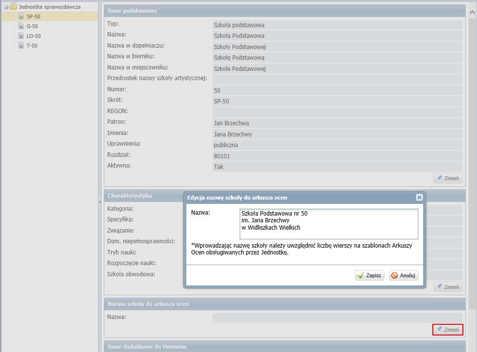 Wówczas wpis z tej sekcji pojawi się jako nazwa szkoły na arkuszach ocen.