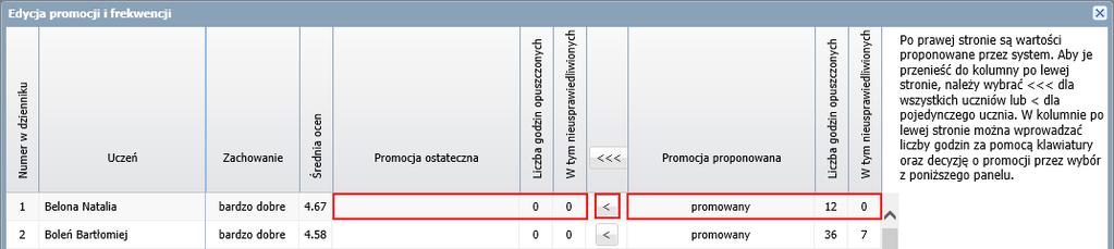 Wypełnij kolumnę Promocja ostateczna oraz znajdujące się za tą kolumną kolumny Liczba godzin opuszczonych i W tym nieusprawiedliwionych.