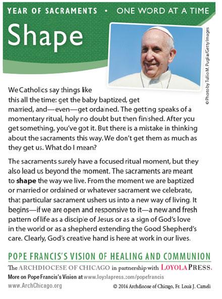 August 31, 2014 22nd Ordinary Sunday Page Four The Church as sacrament Vatican II reminded us of the biblical roots of the word "sacrament," namely, the wonderful, mysterious plan of God to save us