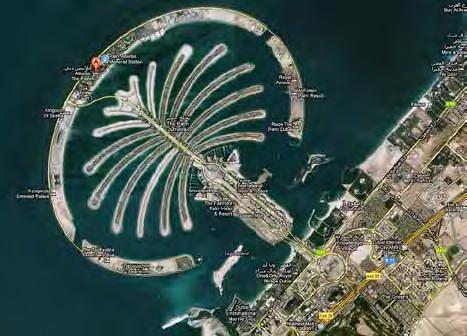 Sztuczna wyspa Palma Jumeirah wraz z koleją jednoszynową wzdłuż pnia, Google Maps 5 x 5 km, a długość linii brzegowej wyspy wynosi 75 km. Już w chwili obecnej wyspa ma charakter ekskluzywny.