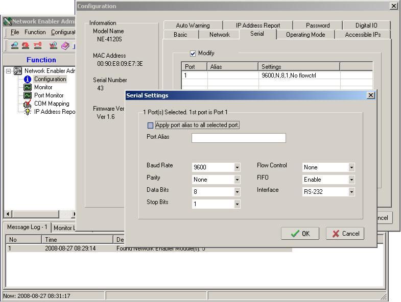 domyślne: Flow Control NONE FIFO Enable Interface