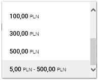 rosnącej. Lista wyboru kwot doładowania - kwoty w kolejności rosnącej oraz poniżej pole do wpisania dowolnej kwoty w pełnych złotych.