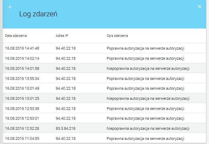 Opcja Log zdarzeń zawiera 10 ostatnich zdarzeń logowania użytkownika. Zdarzenia posortowane są malejąco po dacie zdarzenia (najnowsze na górze).