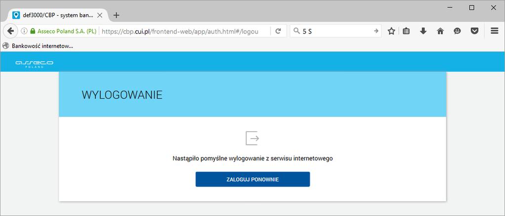 Po użyciu funkcji system wyświetli komunikat z informacją o poprawnym wylogowaniu z systemu wraz z dostępną funkcją do ponownego zalogowania w systemie - [ZALOGUJ PONOWNIE].