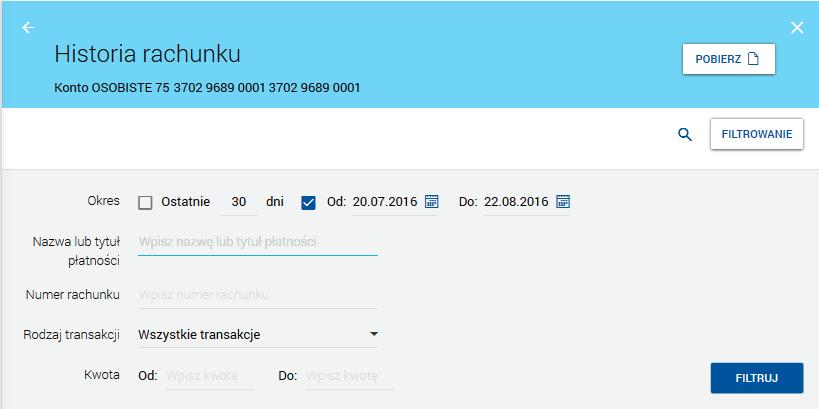 Okres: Ostanie X dni - w polu należy wprowadzić liczbę dni poprzedzających datę bieżącą, dla których mają zostać zaprezentowane operacje, Okres Od, Okres Do - w polach Od:, Do: należy wprowadzić