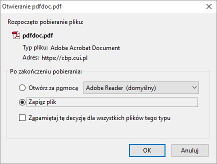 6. Potwierdzenie operacji Po użyciu funkcji [POBIERZ] otwarte zostanie okno: Użytkownik ma możliwość otwarcia (z wykorzystaniem