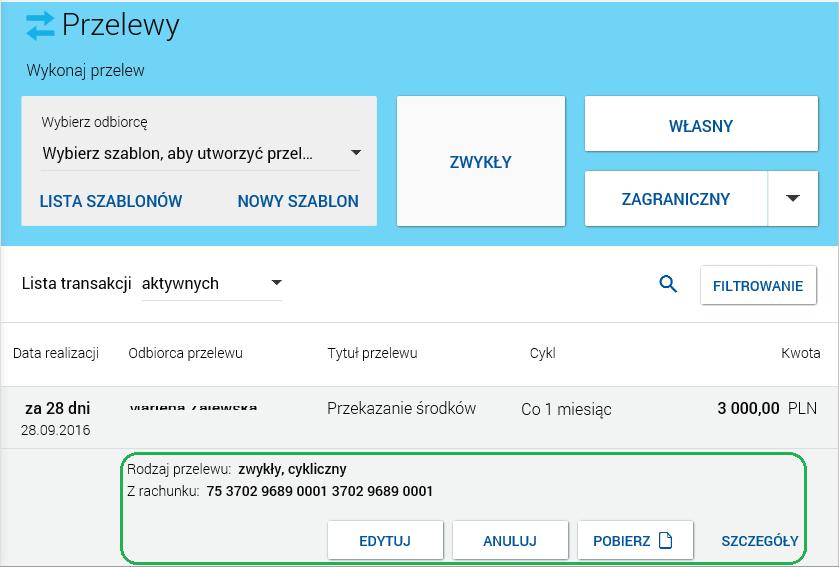 Na liście przelewów, dla każdego przelewu, dostępne są następujące informacje: Data realizacji - data realizacji przelewu. Odbiorca przelewu - dane odbiorcy przelewu. Tytuł przelewu.