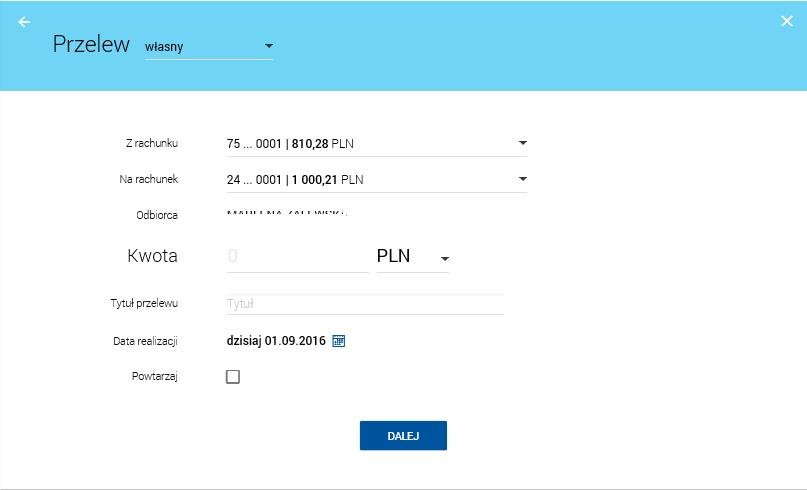 Na formularzu przelewu własnego należy uzupełnić dane na takiej samej zasadzie jak na PRZELEWIE ZWYKŁYM. Przelew na rachunek własny nie wymaga autoryzacji (akceptacji).