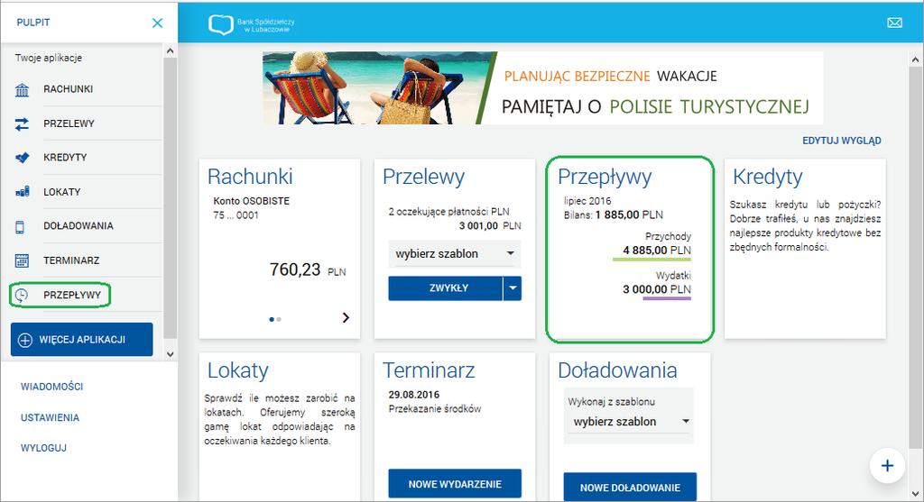 Rozdział 6. PRZEPŁYWY Miniaplikacja Przepływy umożliwia użytkownikowi przeglądanie informacji na temat miesięcznego przepływów środków na rachunkach, w danej walucie.