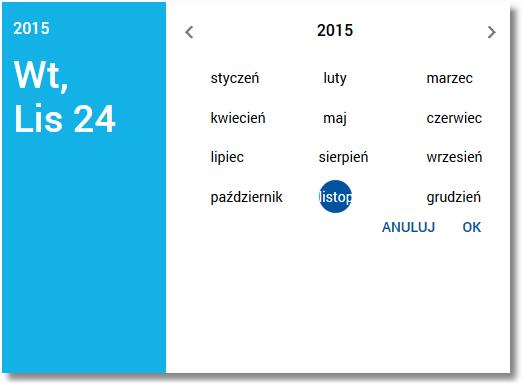 Po wybraniu miesiąca zostaje on automatycznie wstawiony do pola na formularzu (w formacie MM.RRRR). Zmianę roku (przejście do poprzedniego, następnego) umożliwiają odpowiednio przyciski <, >.