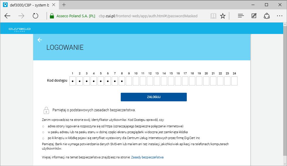 Należy wpisać kod dostępu, podany na karcie logowania, zaczynając od pola z cyfrą 1 jak na rysunku poniżej: Kod dostępu jest