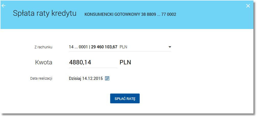 Spłata raty kredytu możliwa jest również z poziomu formatki Szczegóły kredytu.