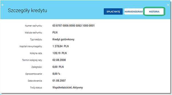 Dla harmonogramu spłat kredytu dostępne są następujące informacje: Termin płatności raty. Kwota raty (suma kapitału i odsetek do zapłaty).